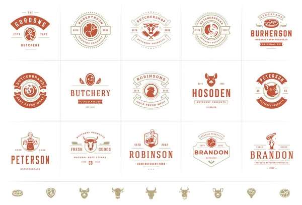 Loghi di macelleria set illustrazione vettoriale buono per fattoria o ristorante badge con animali e sagome di carne — Vettoriale Stock