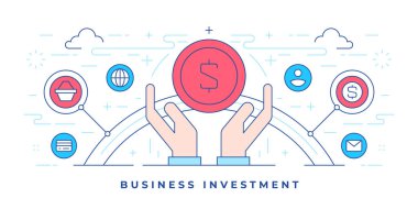 İş yatırımı sosyal medya için para bağışlayan insan eliyle düz çizgi afişinin vektör illüstrasyonu