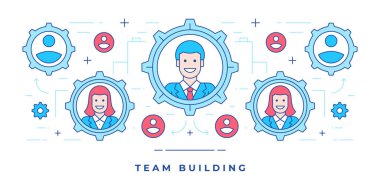 Web sitesi reklamcılık ekibi için iş arkadaşlarıyla birlikte düz çizgi afişinin vektör illüstrasyonuName