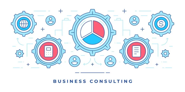 Ilustración vectorial de banner de línea plana con engranajes con iconos para la campaña de marketing de consultoría empresarial en redes sociales — Vector de stock