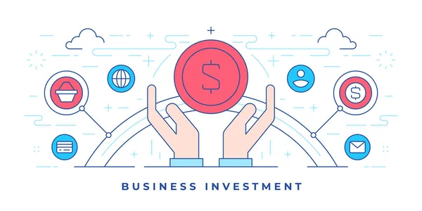 Ilustración vectorial de banner de línea plana con manos humanas donando dinero para marketing de inversión empresarial en redes sociales — Vector de stock