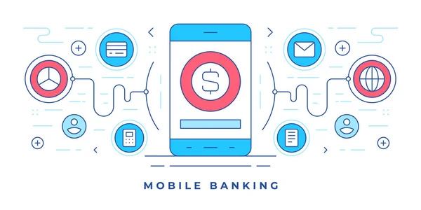 Ilustração vetorial de banner plano com smartphone e ícones para site moderno promovendo serviços bancários móveis —  Vetores de Stock