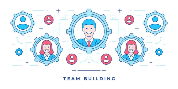 Vektor illustration av platt linje banner med kollegor inne redskap för webbplats reklam team building tjänster — Stock vektor