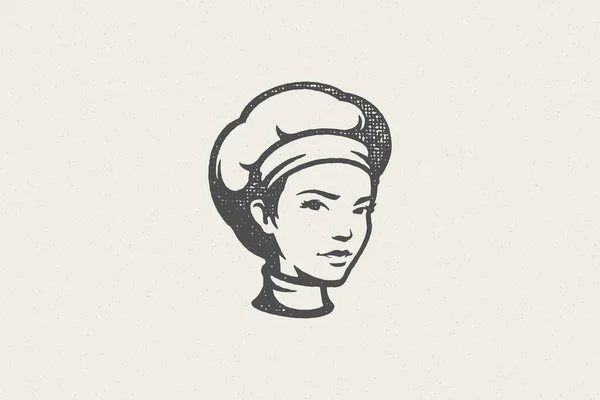 Schwarze Silhouette des Kopfes einer Frau in traditioneller Kochmütze Arbeit in der Küche handgezeichnete Stempeleffekt-Vektorillustration. — Stockvektor