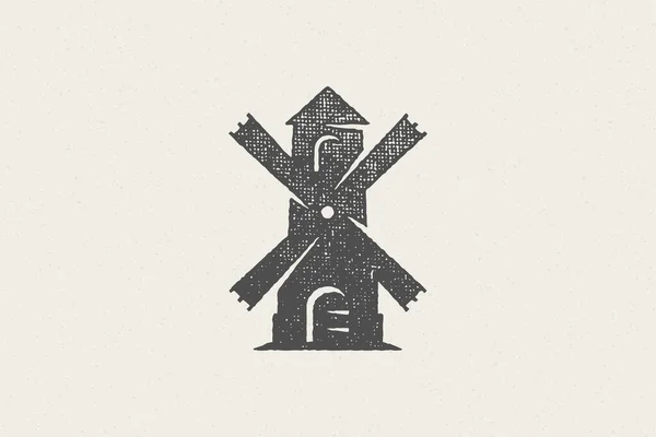 Silhouette noire de moulin à vent vintage conçu pour l'industrie agricole illustration vectorielle effet timbre dessiné à la main. — Image vectorielle