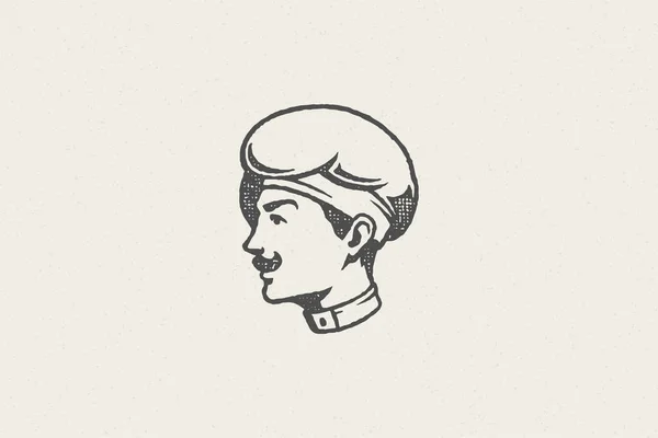 Logo icône tête de sourire mâle cuisinier silhouette en chapeau de chef dessin à la main effet timbre vectoriel illustration. — Image vectorielle