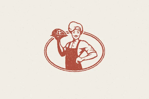 Placa de transporte de silhueta de cozinheiro macho com deliciosa ilustração de vetor de efeito de selo desenhado à mão de carne. —  Vetores de Stock