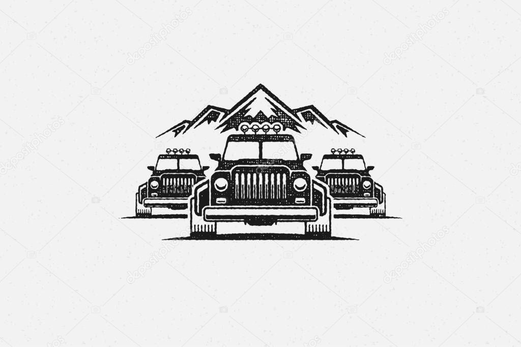 Silhouette of off road cars driving near mountain range during trip through countryside hand drawn stamp effect vector illustration. Vintage grunge texture on old paper for poster or label decoration.