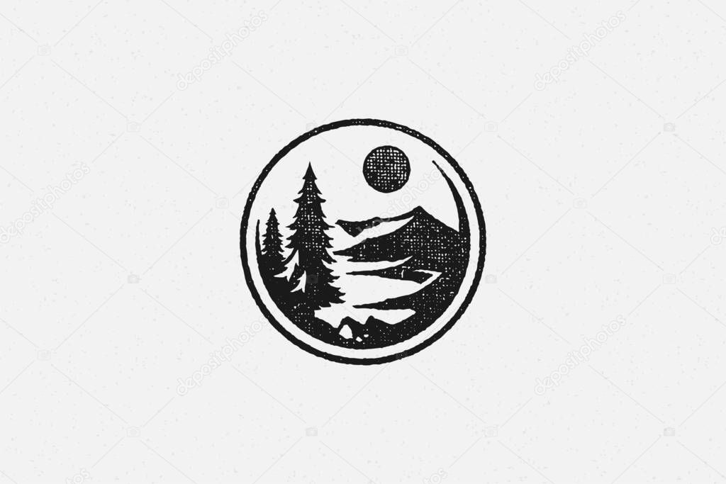 Round emblem with forest trees and mountain ridge silhouette of trekking hand drawn stamp effect vector illustration. Vintage grunge texture on old paper for poster or label decoration.