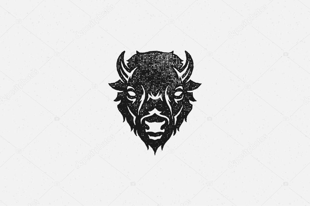 Silhouette of head of wild buffalo or bison as symbol of nature exploration hand drawn stamp effect vector illustration.