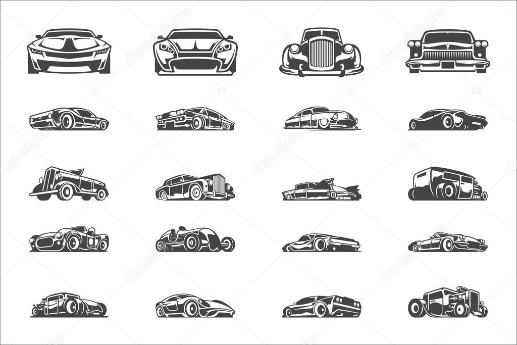 Vintage classic car silhouettes and icons isolated on white background vector illutrations set. Super cars, muscle and hot rod cars, engine repairs objects for print or logo emblem templates.