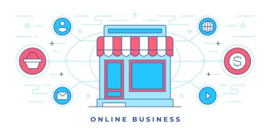 Sosyal medyada çevrimiçi iş tanıtımı için dükkan binasının etrafında simgeler bulunan düz çizgi afişinin vektör illüstrasyonu