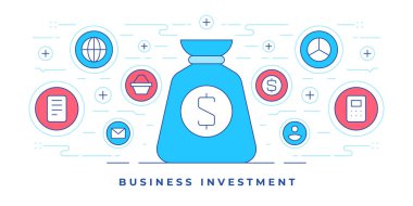 Sosyal medyada ticari yatırım pazarlaması için para çantasının etrafında simgeler bulunan düz çizgi afişinin vektör illüstrasyonu