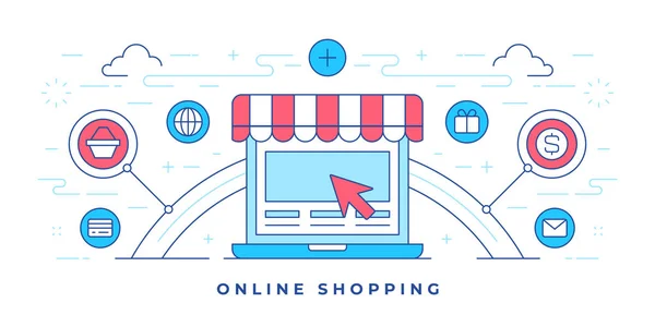 オンラインショッピングを促進するウェブサイトのための店の形のラップトップの周りのアイコンとフラットラインバナーのベクトルイラスト — ストックベクタ