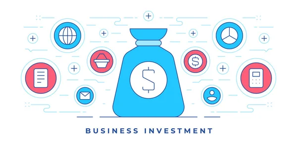 Ilustración vectorial de banner de línea plana con iconos alrededor de bolsa de dinero para marketing de inversión empresarial en redes sociales — Archivo Imágenes Vectoriales
