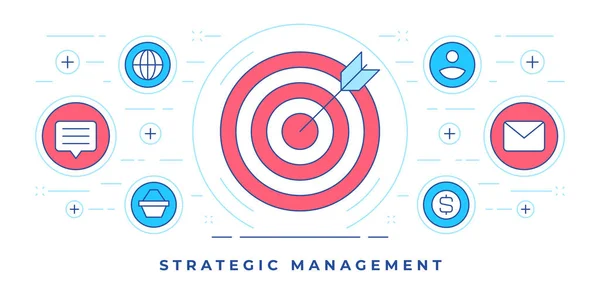 Illustrazione vettoriale di banner line flat con icone intorno alla freccia target per i servizi di gestione strategica del sito web — Vettoriale Stock