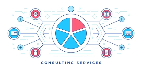 Wektorowe ilustracje linii płaski baner z ikonami wykres graficzny dla usług konsultingowych marketing w mediach społecznościowych — Wektor stockowy