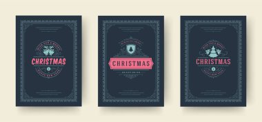 Noel tebrik kartları klasik tipografik tasarım ve kış tatili dilekleriyle süslenmiş dekorasyon sembolleri belirledi