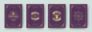 Noel tebrik kartları klasik tasarım, dekorasyon sembolleri ve kış tatili dilek illüstrasyonunu belirledi