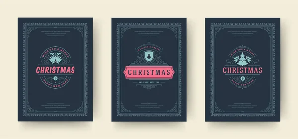 Ensemble de cartes de vœux de Noël design typographique vintage, symboles décoratifs ornés de vœux de vacances d'hiver — Image vectorielle