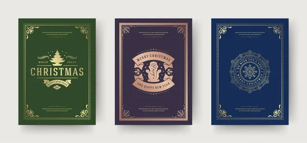 Świąteczne kartki okolicznościowe vintage typograficzny design, ozdobne symbole dekoracji z bałwanem zimowe życzenia wakacje — Wektor stockowy