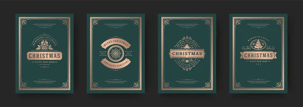 Tarjetas de felicitación de Navidad conjunto diseño vintage, adornado símbolos de decoración y vacaciones de invierno deseos vector ilustración — Vector de stock