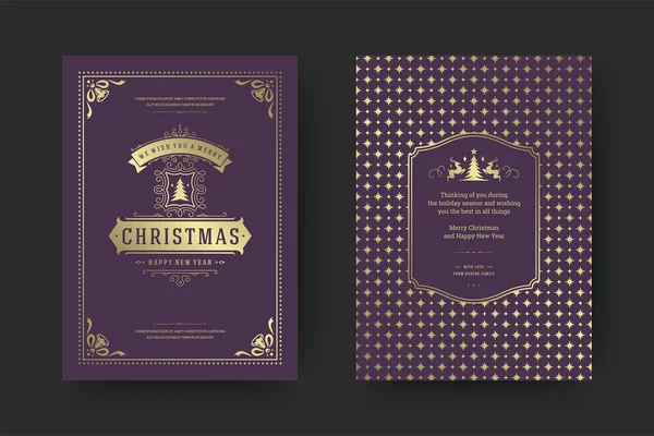 Tarjeta de felicitación navideña diseño tipográfico vintage adornado símbolos de decoración con vacaciones de invierno deseo — Vector de stock