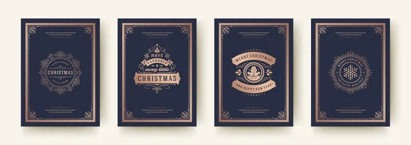 Weihnachtsgrußkarten set vintage design, kunstvolle dekoration symbole und winterferien wünsche vektorillustration — Stockvektor