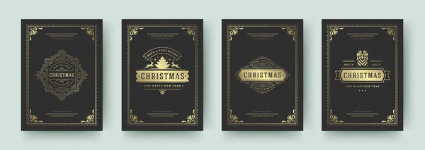 Tarjetas de felicitación de Navidad conjunto diseño vintage, adornado símbolos de decoración y vacaciones de invierno deseos vector ilustración — Vector de stock