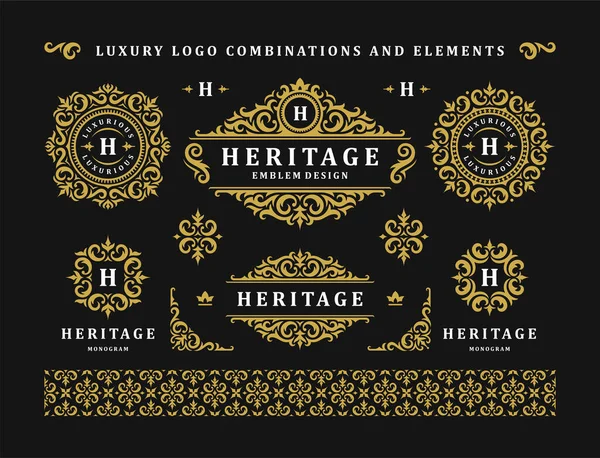 Logotipo de lujo ornamento vintage monogramas y plantillas de cresta diseño vector ilustración conjunto. — Archivo Imágenes Vectoriales