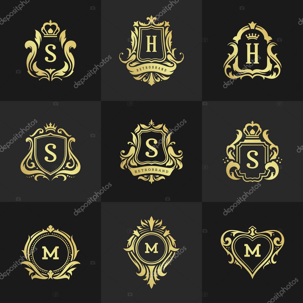 Luxury ornaments logos and monograms crest design templates set vector illustration. Royal emblems vintage vignette ornate elements.