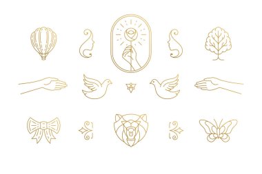 Vector line elegant decoration design elements set - bear head and gesture hands illustrations minimal linear style vector Vector line elegant decoration design elements set - bear head and gesture hands illustrations minimal linear style vector