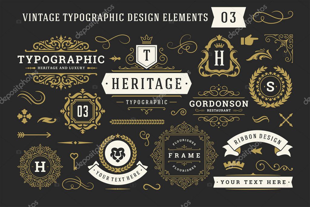 Vintage typographic decorative ornament design elements set vector illustration. Labels and badges, retro ribbons, luxury fancy logo symbols, elegant calligraphic swirls, flourishes ornate vignettes.