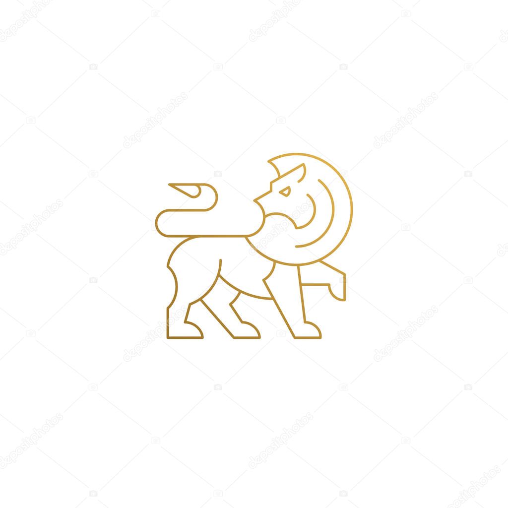 Minimal vector illustration of linear style logo design template of elegant stylized walking lion hand drawn with thin golden lines