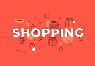 Alışveriş metni konsepti modern düz biçim vektör illüstrasyon ana simgeleriyle kırmızı pankart
