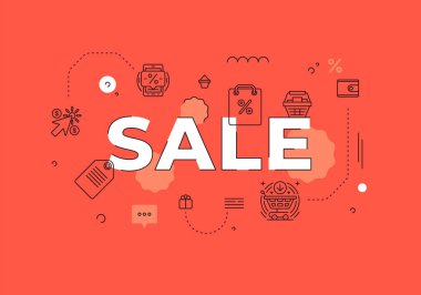 İndirimli metin konsepti modern düz biçim vektör illüstrasyonu ana hatları simgeli kırmızı pankart