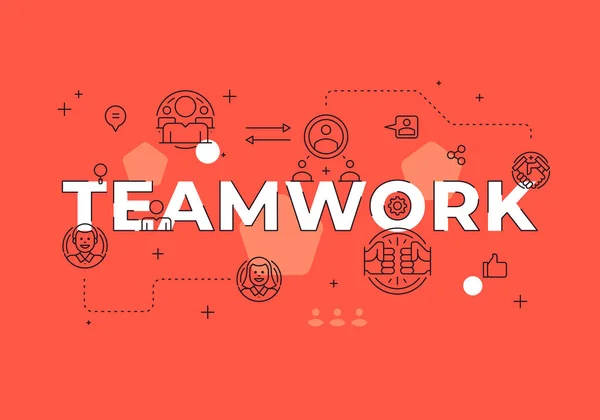 Teamwork text concept modern flat style vector illustration red banner with outline icons — Vetor de Stock