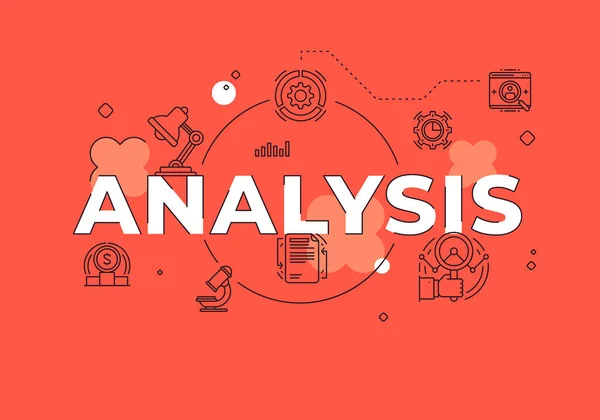 Análise conceito de texto moderno estilo plano vetor ilustração banner vermelho com ícones de contorno —  Vetores de Stock