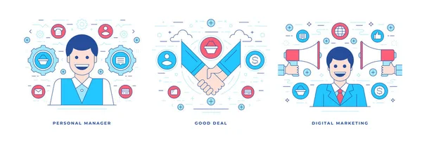 Conjunto de ilustraciones vectoriales línea de banners planos que representan gestor personal y servicios de marketing digital — Archivo Imágenes Vectoriales