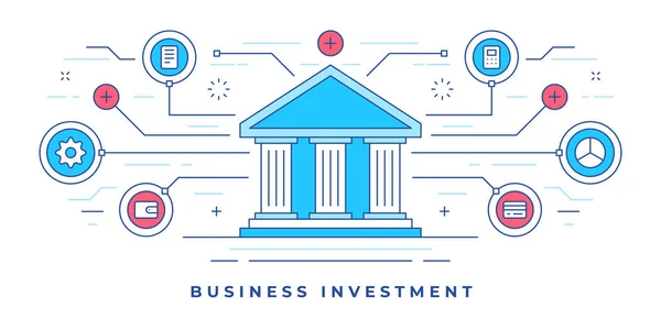 Illustrazione vettoriale di banner a linea piana con icone grafiche intorno alla costruzione di banche per il marketing degli investimenti aziendali — Vettoriale Stock