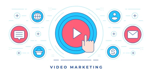 Ilustração vetorial de banner de linha plana de ícones em torno da mão apertando o botão play para serviços de marketing de vídeo do site —  Vetores de Stock