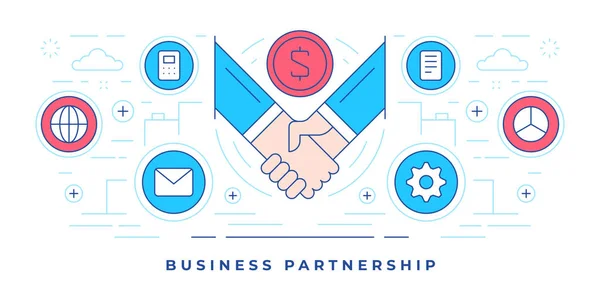 Ilustração vetorial de banner plano de linha de ícones em torno do símbolo de aperto de mão para parceria de negócios e mídia social —  Vetores de Stock