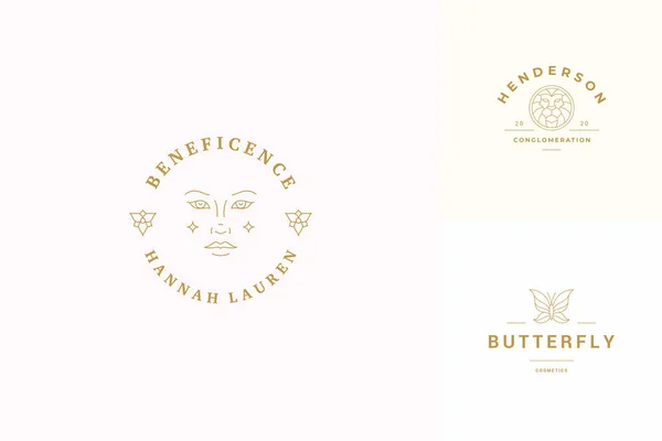 Conjunto de plantillas de diseño de emblemas de logotipos de línea vectorial - ilustraciones de cara femenina y mariposa — Vector de stock