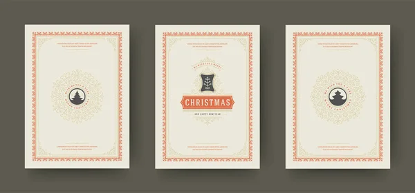Navidad tarjetas de felicitación conjunto diseño tipográfico vintage, decoración adornada símbolos vector ilustración — Archivo Imágenes Vectoriales
