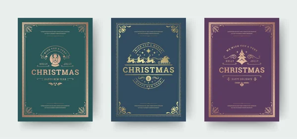 Tarjetas de felicitación navideñas diseño tipográfico vintage, adornos adornados símbolos con santa claus, deseos de vacaciones de invierno — Vector de stock