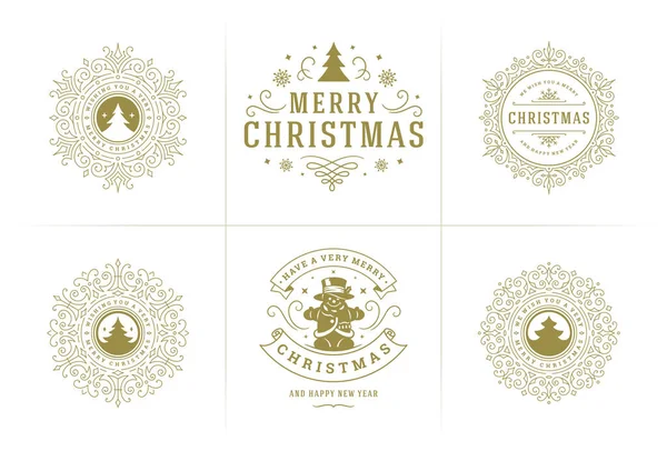 Ensemble étiquettes et badges décorés vectoriels de Noël, vœux de bonne année et vacances d'hiver typographie pour cartes de vœux — Image vectorielle
