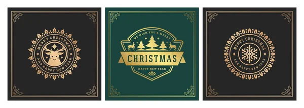 Weihnachten quadratische Banner vintage typografisches Design, kunstvolle Dekorationen Symbole Vektorillustration — Stockvektor