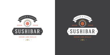 Suşi logosu ve rozetli Japon yemek restoranı suşi somon rulosu Asyalı mutfak silueti çizimi