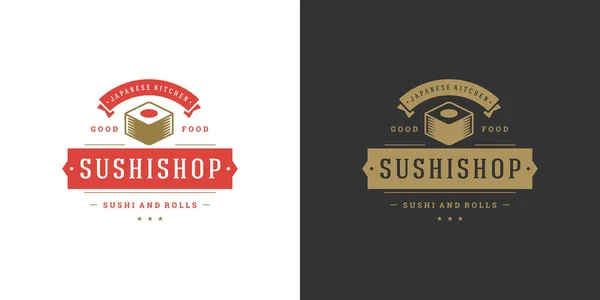 Sushi logo y placa comida japonesa restaurante con sushi salmón rollo asiático cocina silueta vector ilustración — Vector de stock