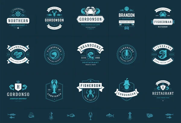 Meeresfrüchte-Logos oder Schilder setzen Vektorillustration Fischmarkt und Restaurant Embleme Vorlagen Design — Stockvektor